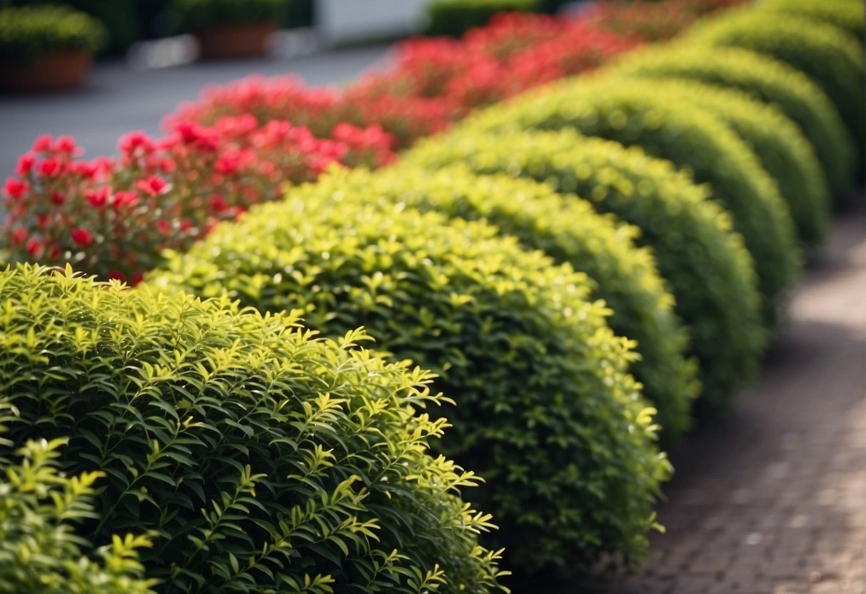 A variety of shrubs are carefully selected and arranged in a row to create a hedge