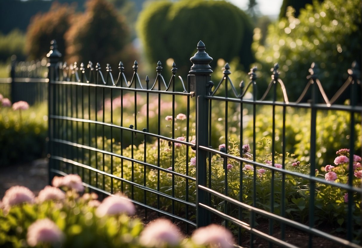 A garden with metal wire fencing, surrounding plants and flowers, and a gate. The fencing is sturdy and secure, providing protection and structure to the garden