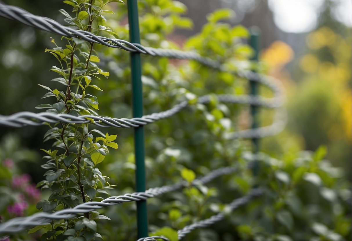 A metal wire mesh fence surrounds a lush garden, providing protection and support for climbing plants. Its durability and versatility make it an essential tool for gardening