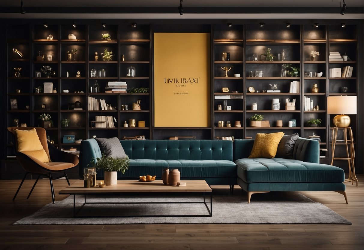 A living room with various high-quality sofa brands displayed on a wall, with a focus on their logos and stylish designs