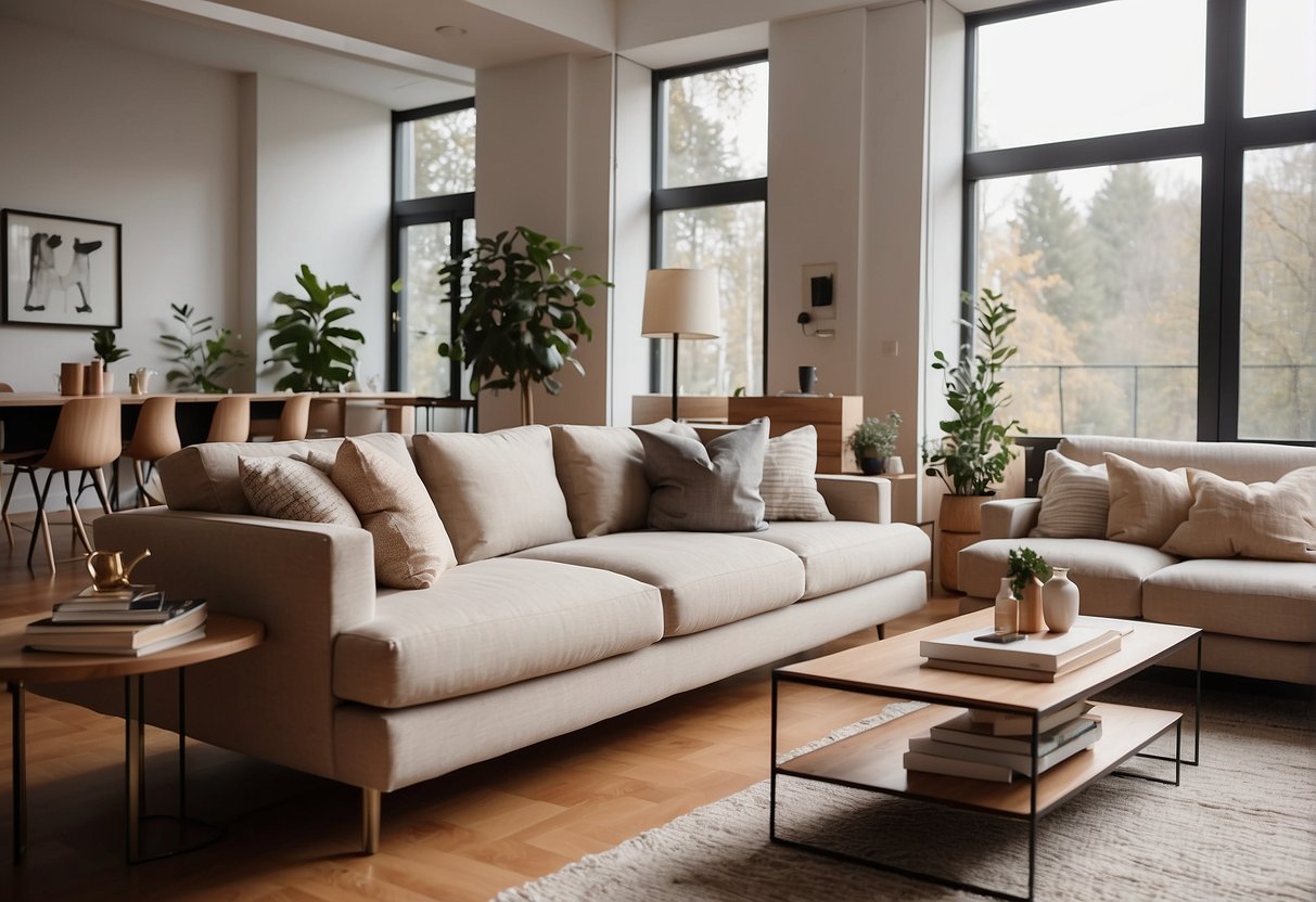 A modern living room with a stylish sofa surrounded by trendy furniture and decor. Bright natural light fills the room, creating a warm and inviting atmosphere