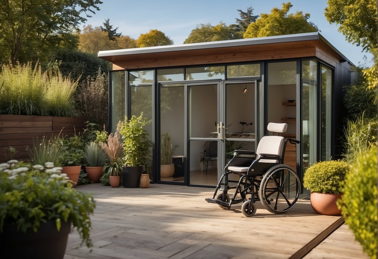 A wheelchair-accessible garden studio with wide doorways, ramp access, and grab bars. Bright, open space with adjustable work surfaces and storage