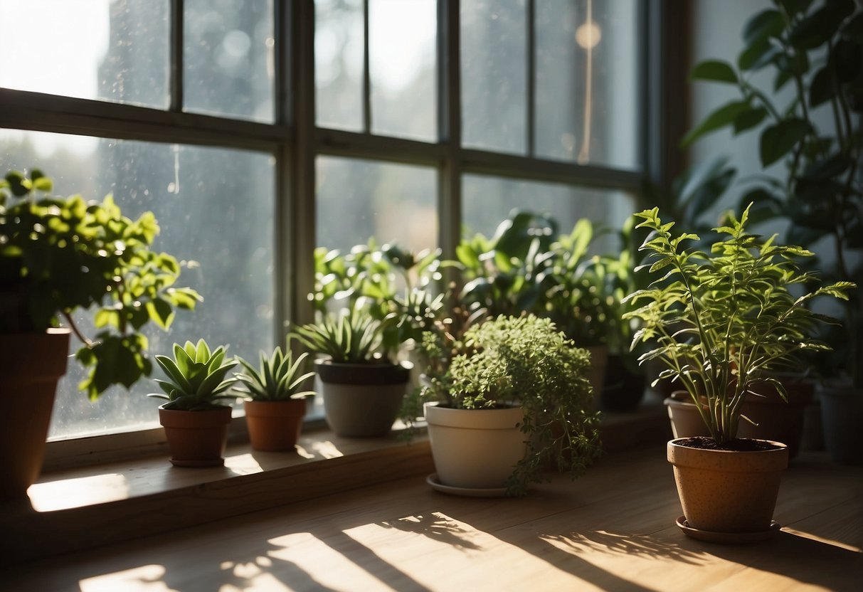 A sunlit room with large windows, casting warm light on a cozy living space. Plants thrive on the windowsill, and the room feels open and inviting