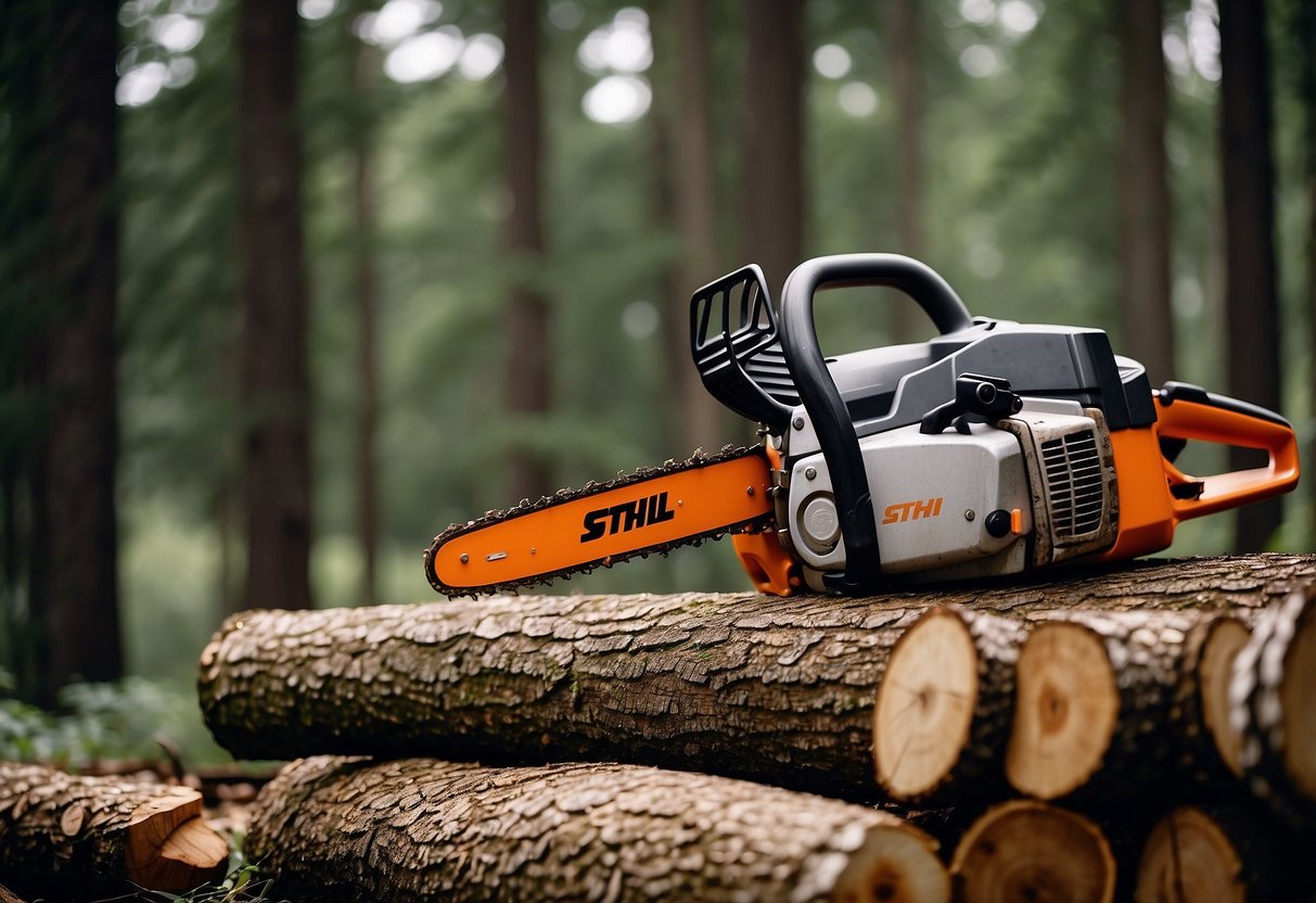 A forest clearing with a pile of logs, surrounded by trees and bushes. A Stihl and Husqvarna chainsaw sit on a stump