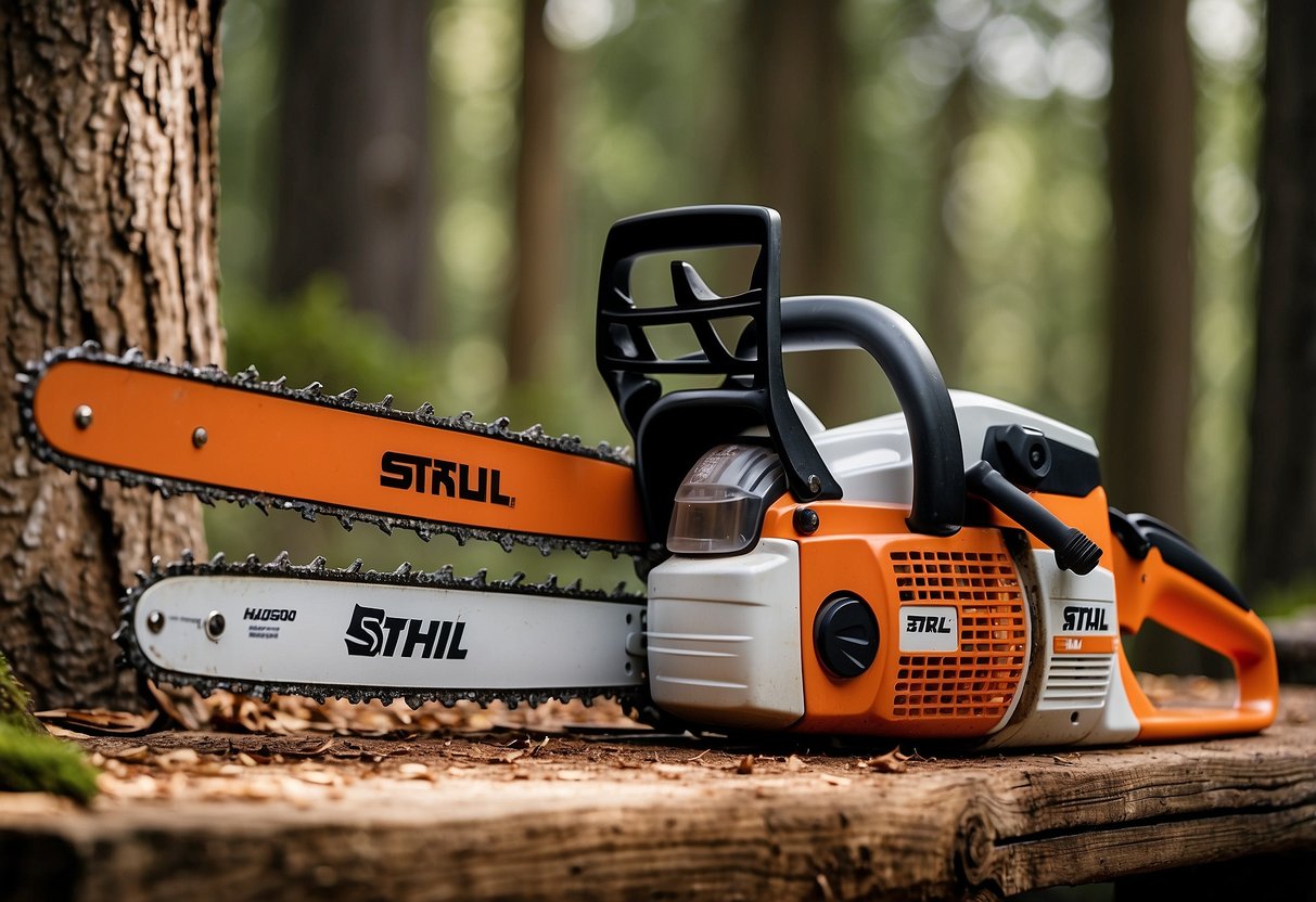 A Stihl and Husqvarna chainsaw placed side by side on a wooden workbench, surrounded by fallen tree branches and wood chips