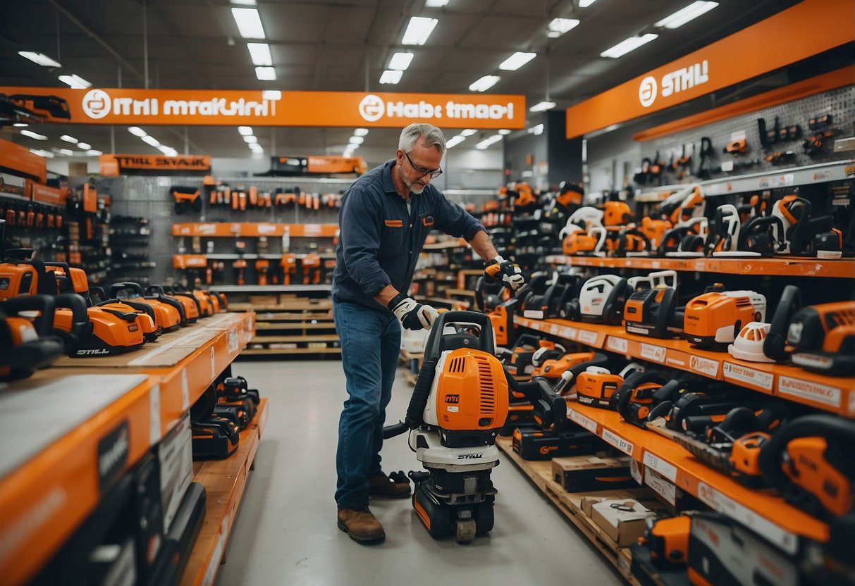 A person comparing Stihl and Husqvarna chainsaws in a hardware store, surrounded by various models and accessories