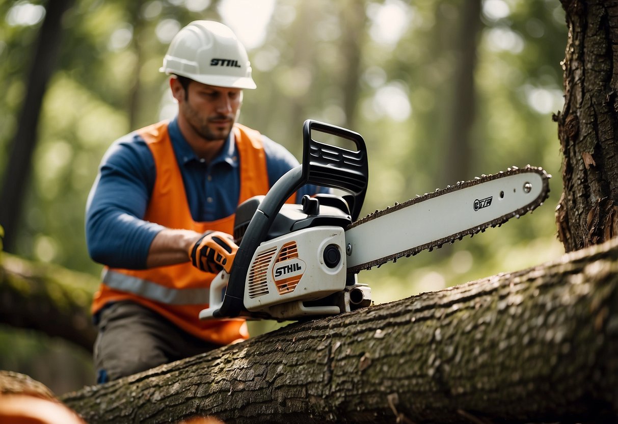 A person using a Stihl or Husqvarna chainsaw to innovate and engage in ecological practices