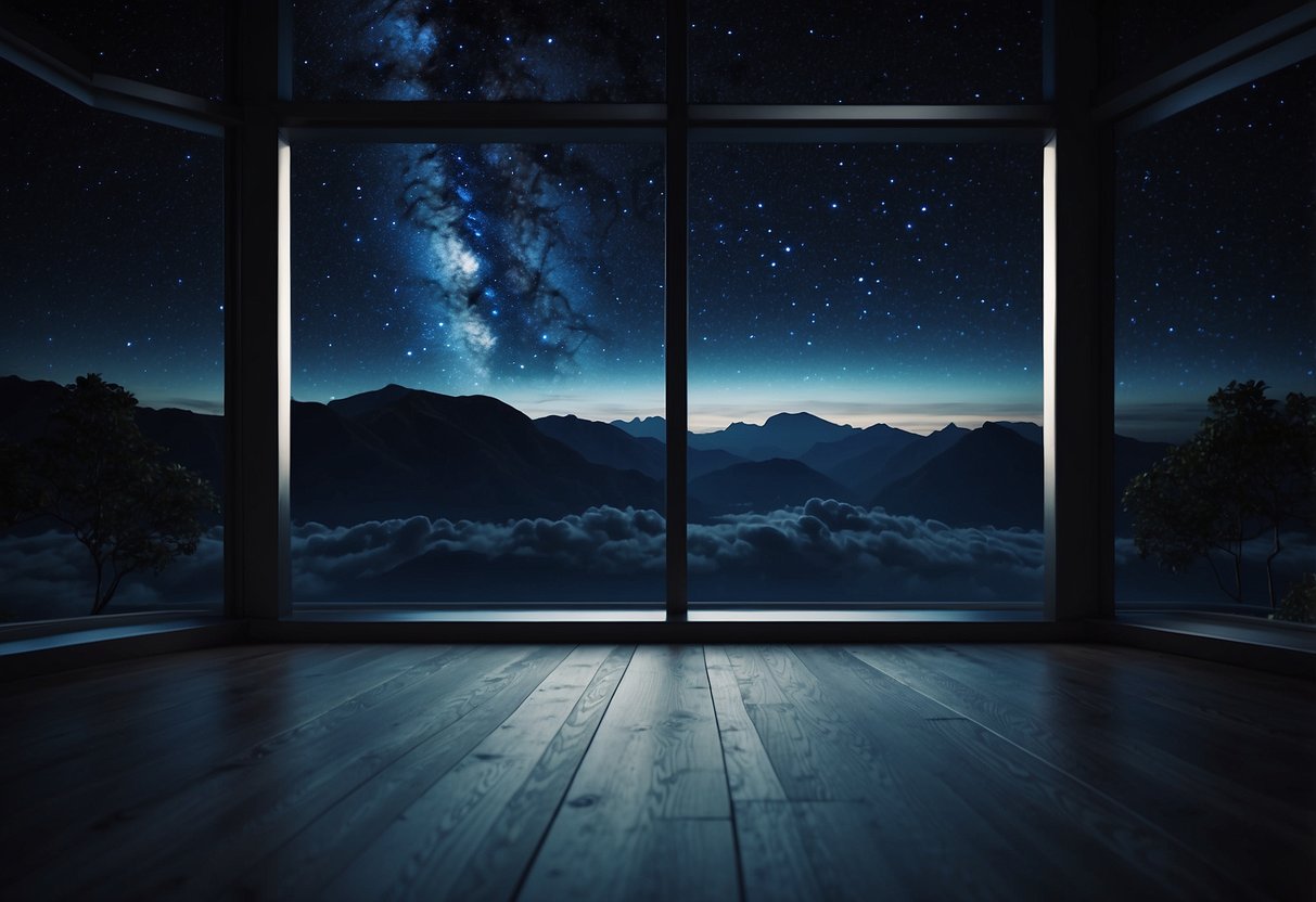 A dark blue night sky fills the room, casting a deep, tranquil ambiance