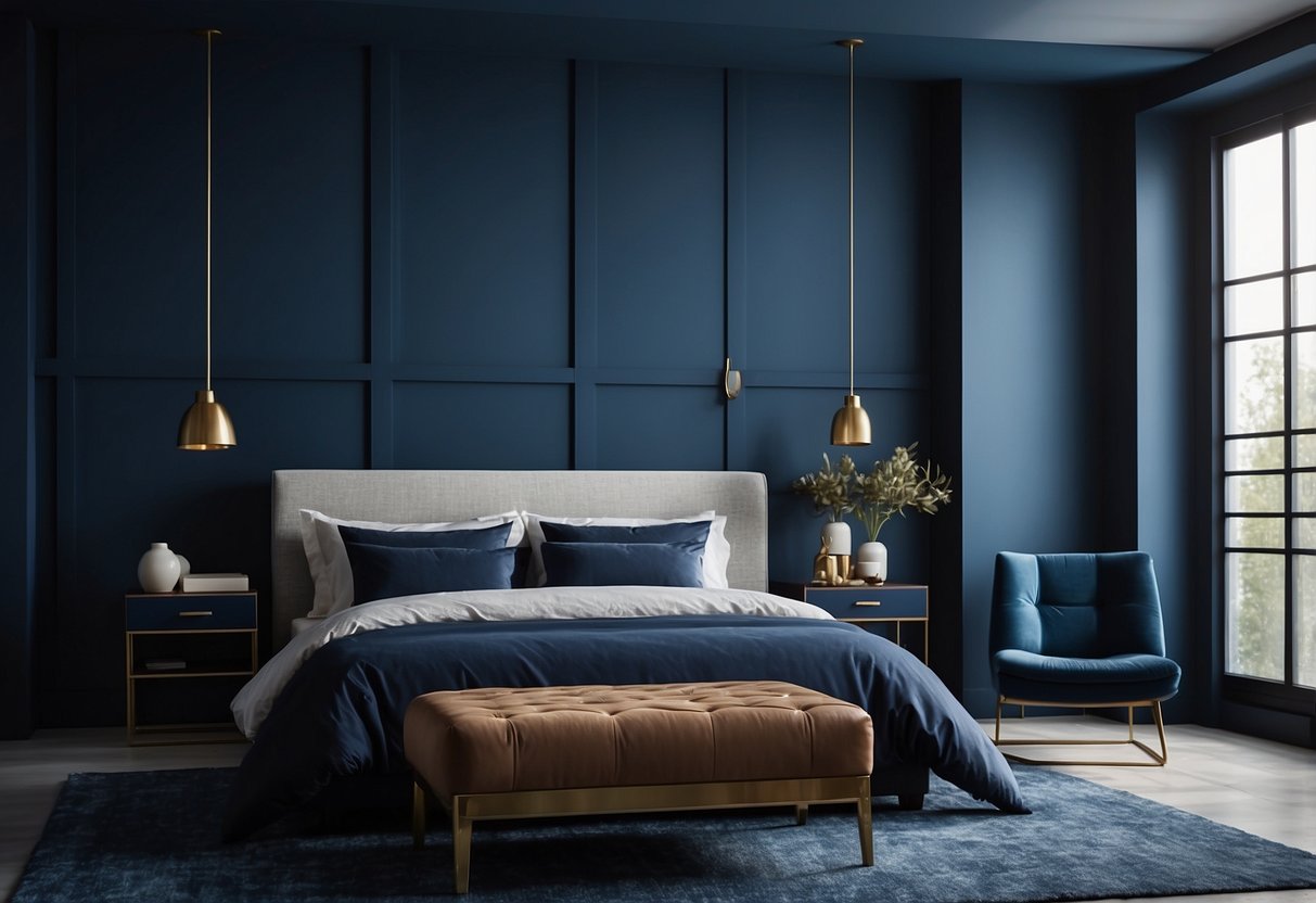 A dark blue bedroom wall with contrasting color accents