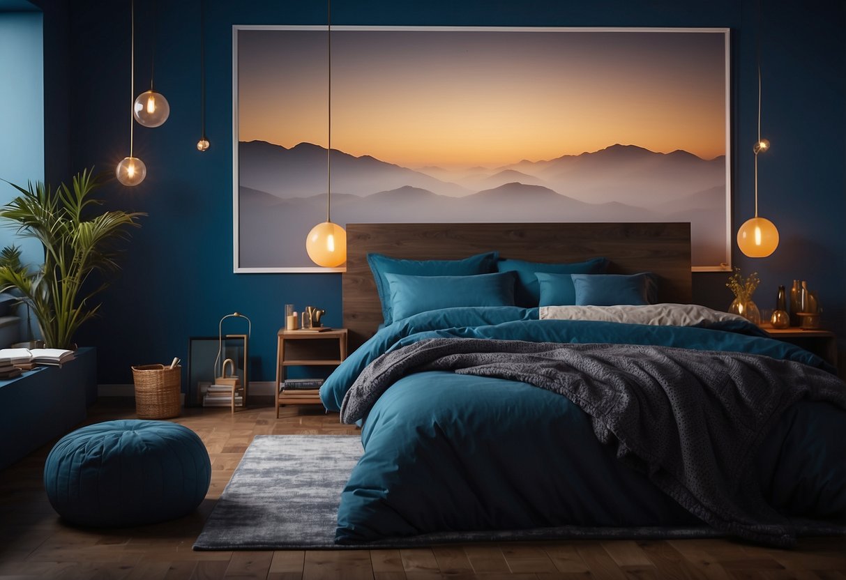 A bedroom with a blue night wall, featuring furniture and accessories that balance function and irony