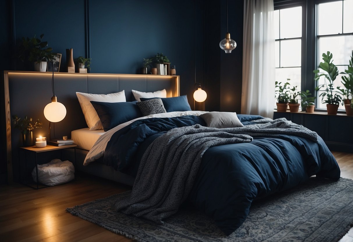 A cozy bedroom with midnight blue walls, soft textiles, and tactile materials