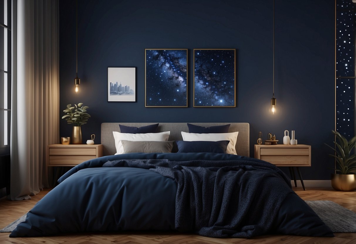 A cozy bedroom with a midnight blue wall, adorned with small details that make a difference