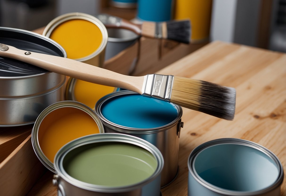 Wooden baseboards being prepared for painting. Scene includes paint cans, brushes, and a wooden baseboard