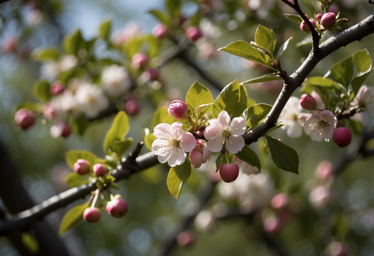 A Japanese apple tree being carefully pruned, with fresh green leaves and delicate pink blossoms in the background