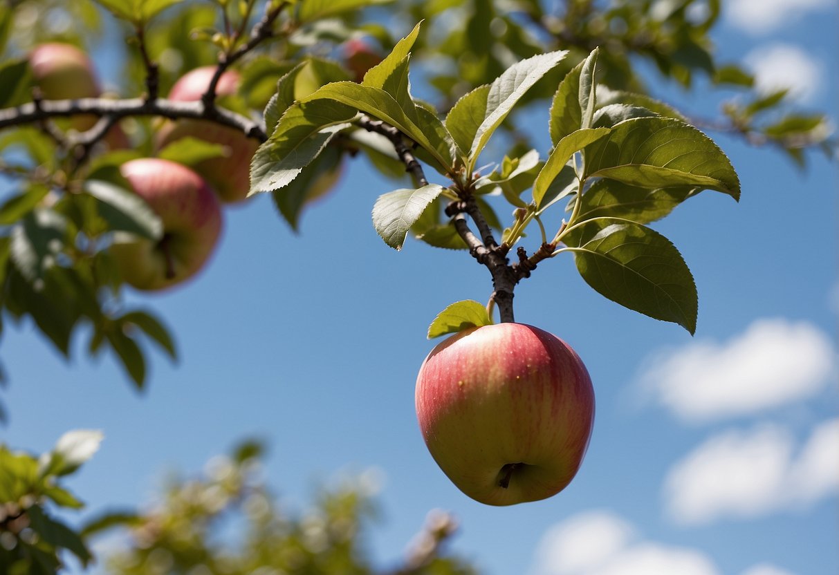 A Japanese apple tree being pruned in a serene garden setting with a backdrop of colorful foliage and a clear blue sky