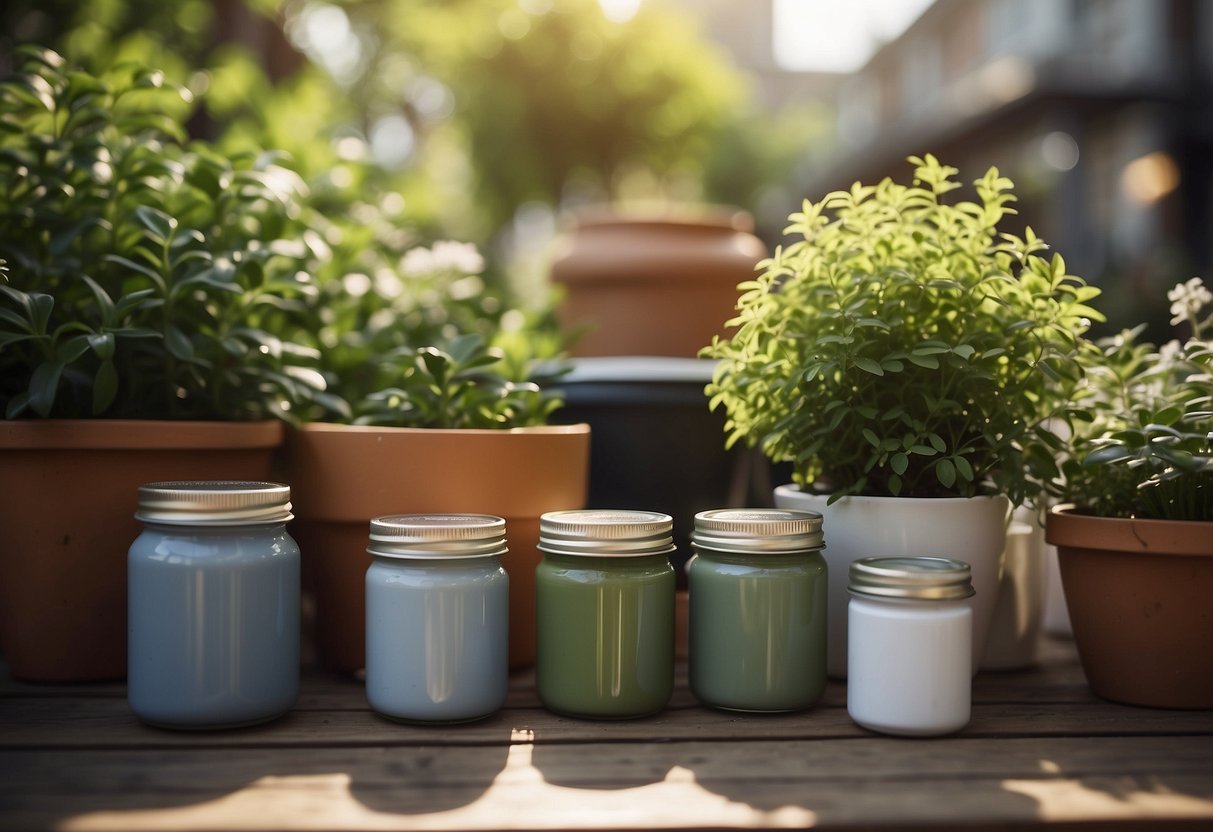 A sunny outdoor terrace with a choice of acrylic or glycerol paint cans and brushes laid out on a table, surrounded by potted plants and outdoor furniture