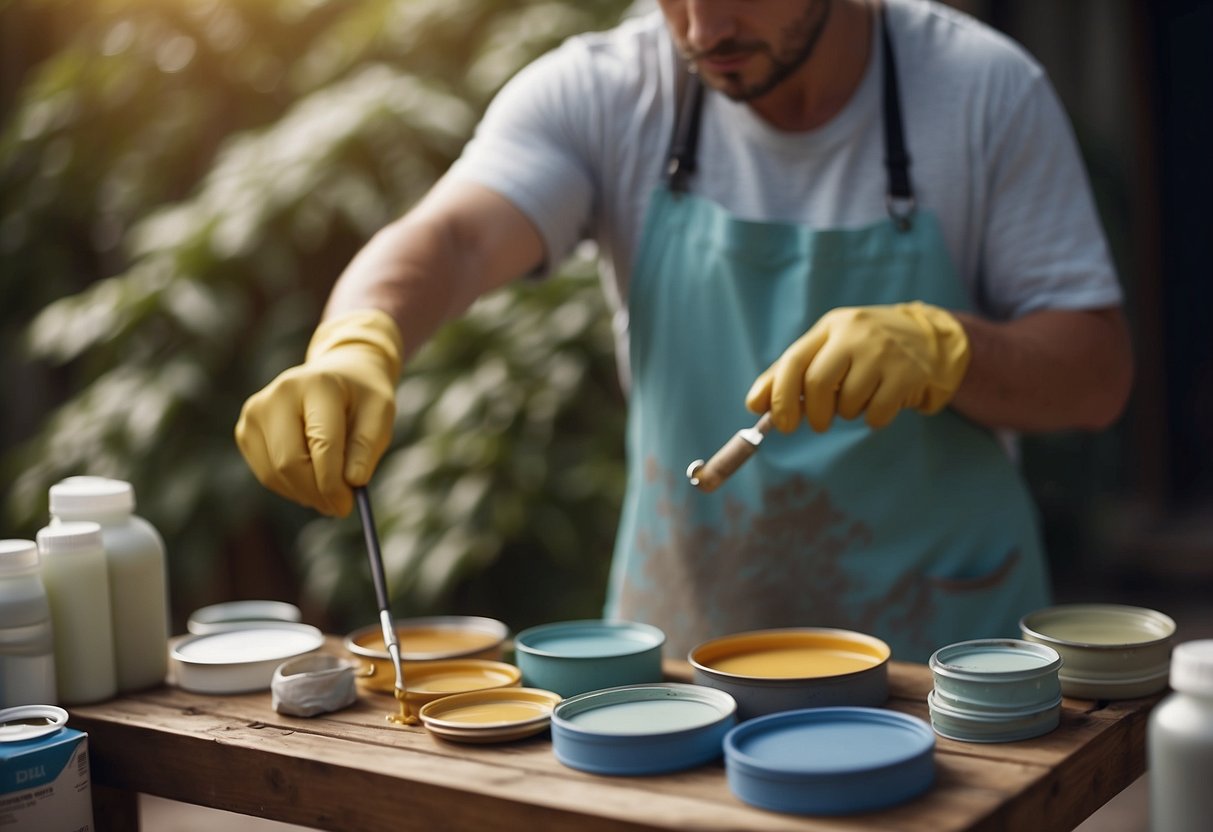 A painter carefully selects outdoor paint for a terrace, mixing and applying it with precision and skill