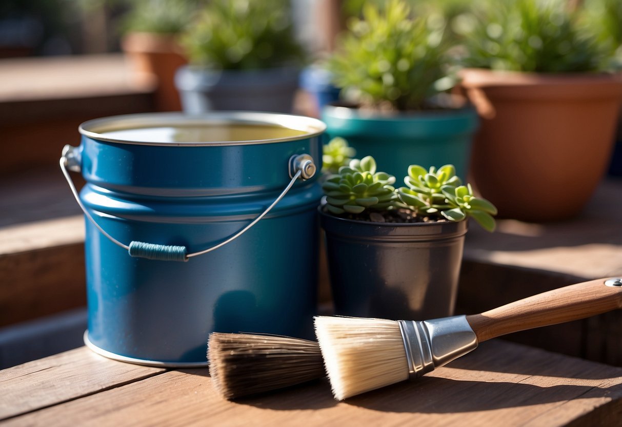 Vibrant outdoor scene with a paint can and brush on a wooden deck, surrounded by potted plants and a sunny blue sky