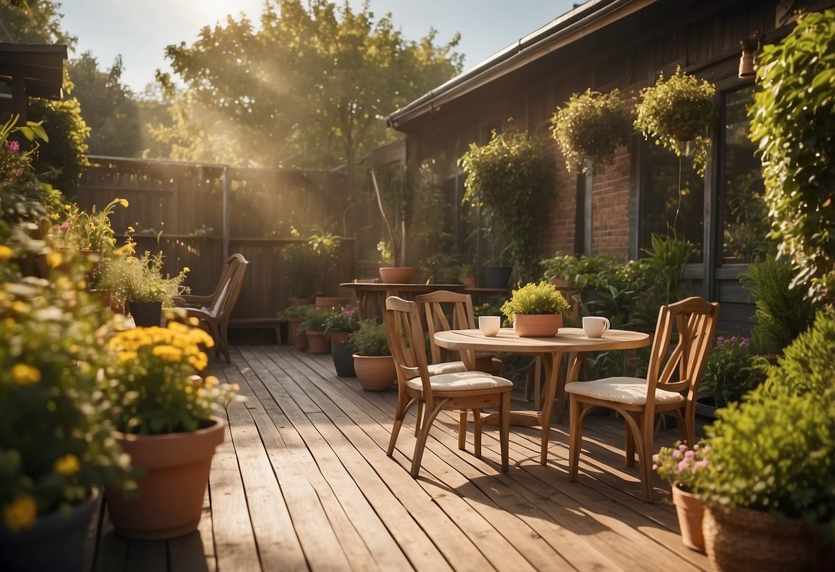 A wooden deck bathed in warm sunlight, adorned with potted plants and outdoor furniture. The paint on the deck is weathered but still vibrant, showcasing its durability and aesthetic appeal