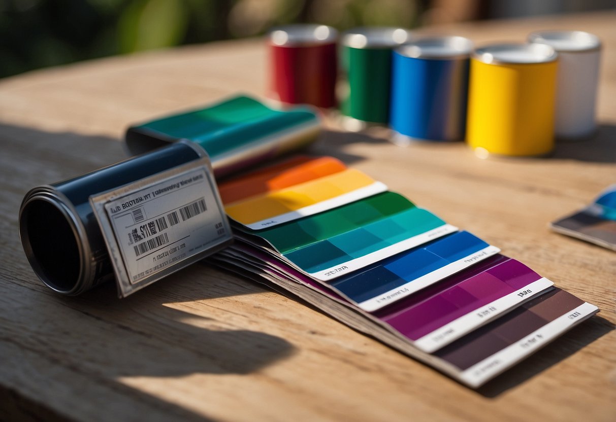 A wallet lies open on a table, surrounded by paint swatches. A hand reaches for a price tag on a can of outdoor terrace paint