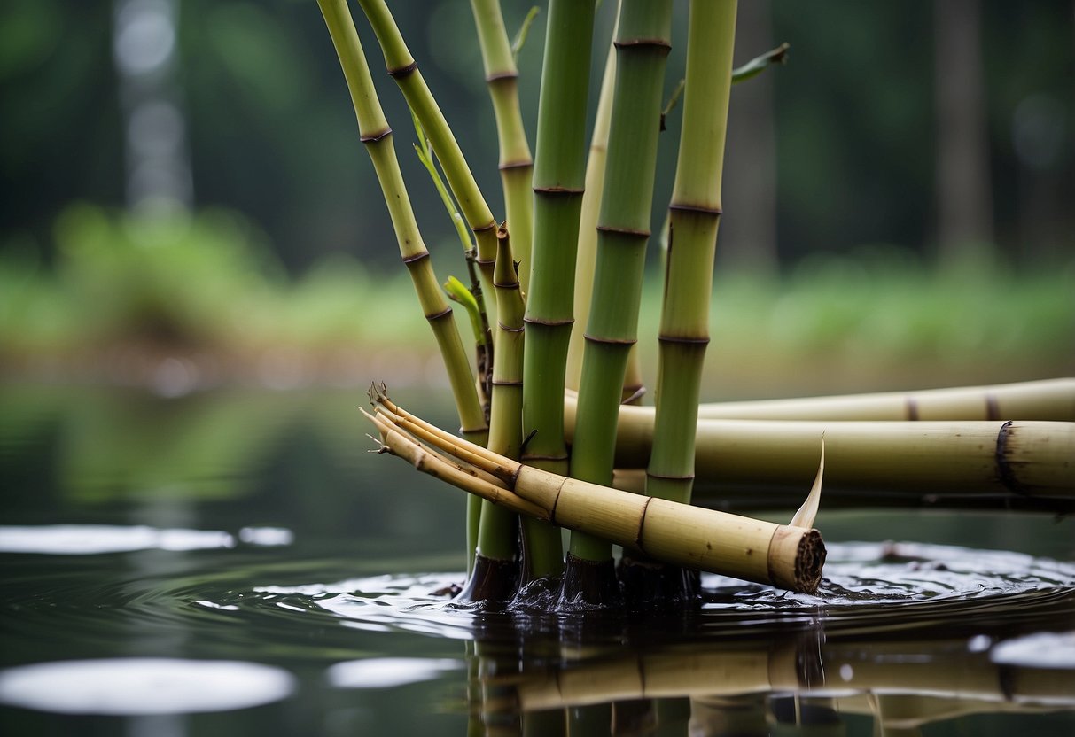 A bamboo cutting sits in water, roots beginning to form. Various tools and techniques surround it, ready for use