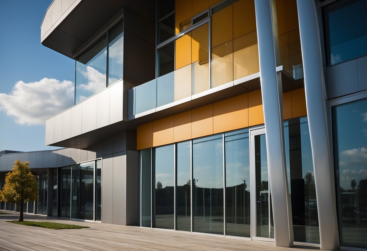 A modern building facade with Trespa panels, showing clean lines and vibrant colors, with sunlight casting shadows