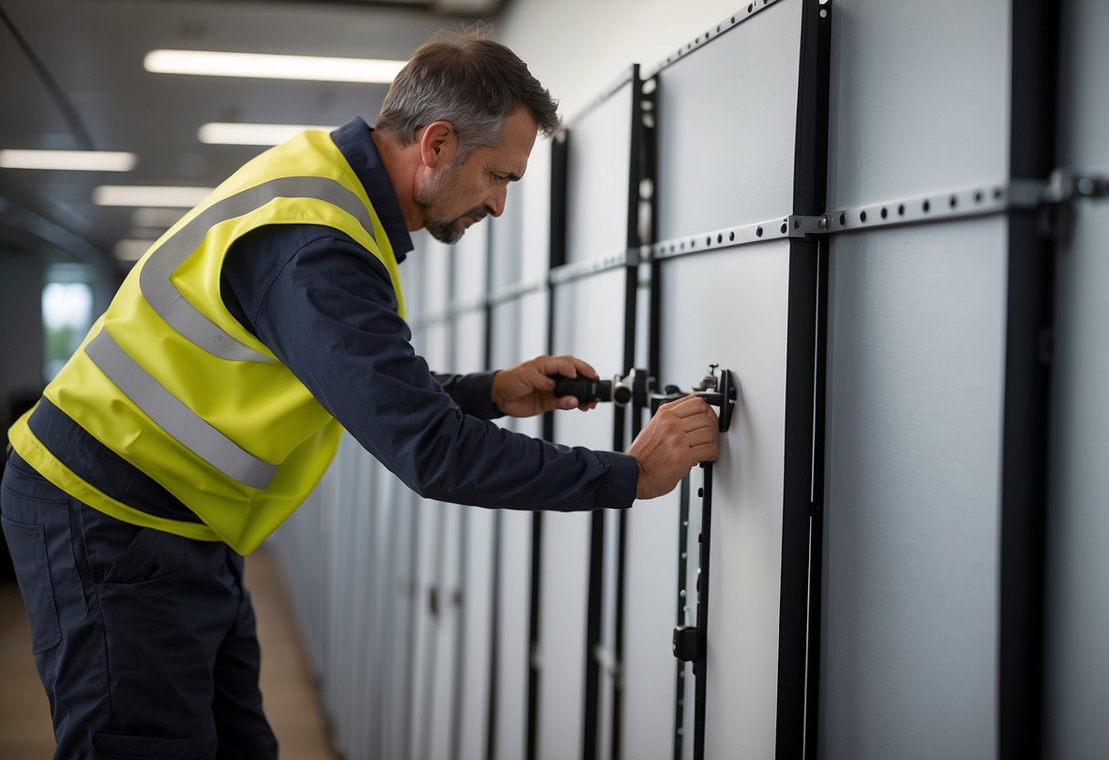 A technician installs Trespa panels, using fixing systems. Pricing information is displayed in the background