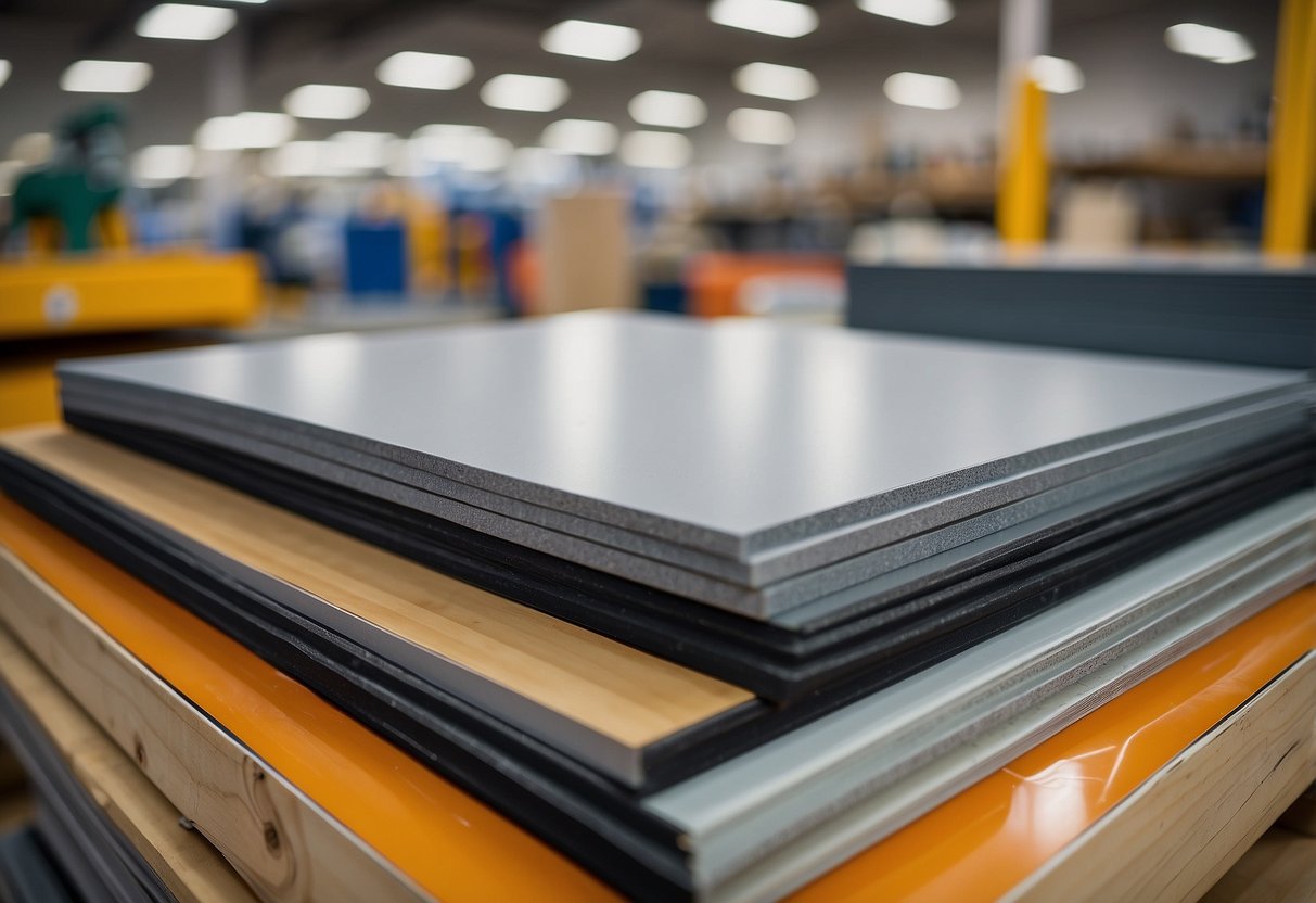 A stack of Trespa panels, priced per square meter, displayed in a hardware store