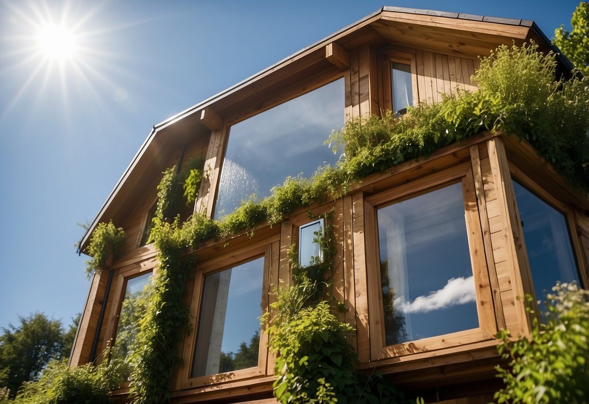 A wooden house insulated with wood or glass wool, surrounded by a lush green garden, with a clear blue sky overhead