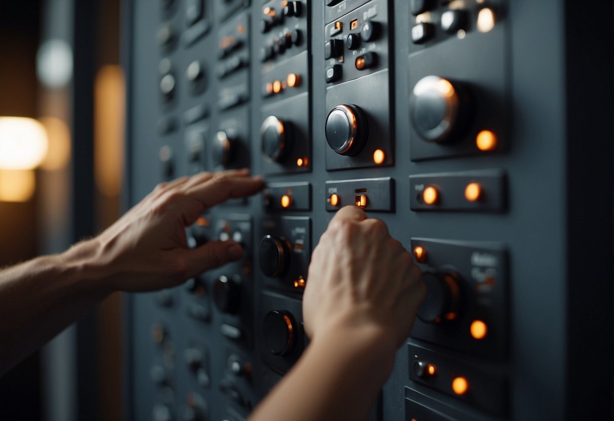 A hand presses a push button on a wall, wires connect to the button and run along the wall to a power source