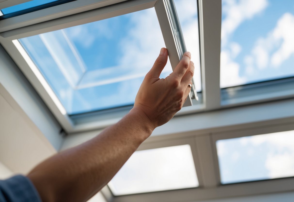 A hand reaches up to remove the glass pane from a Velux skylight, with the surrounding frame visible