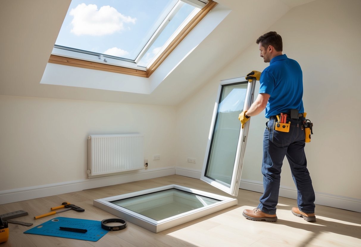 A sunny room with an open skylight, a worker removing the old Velux window without the frame, tools and replacement materials nearby