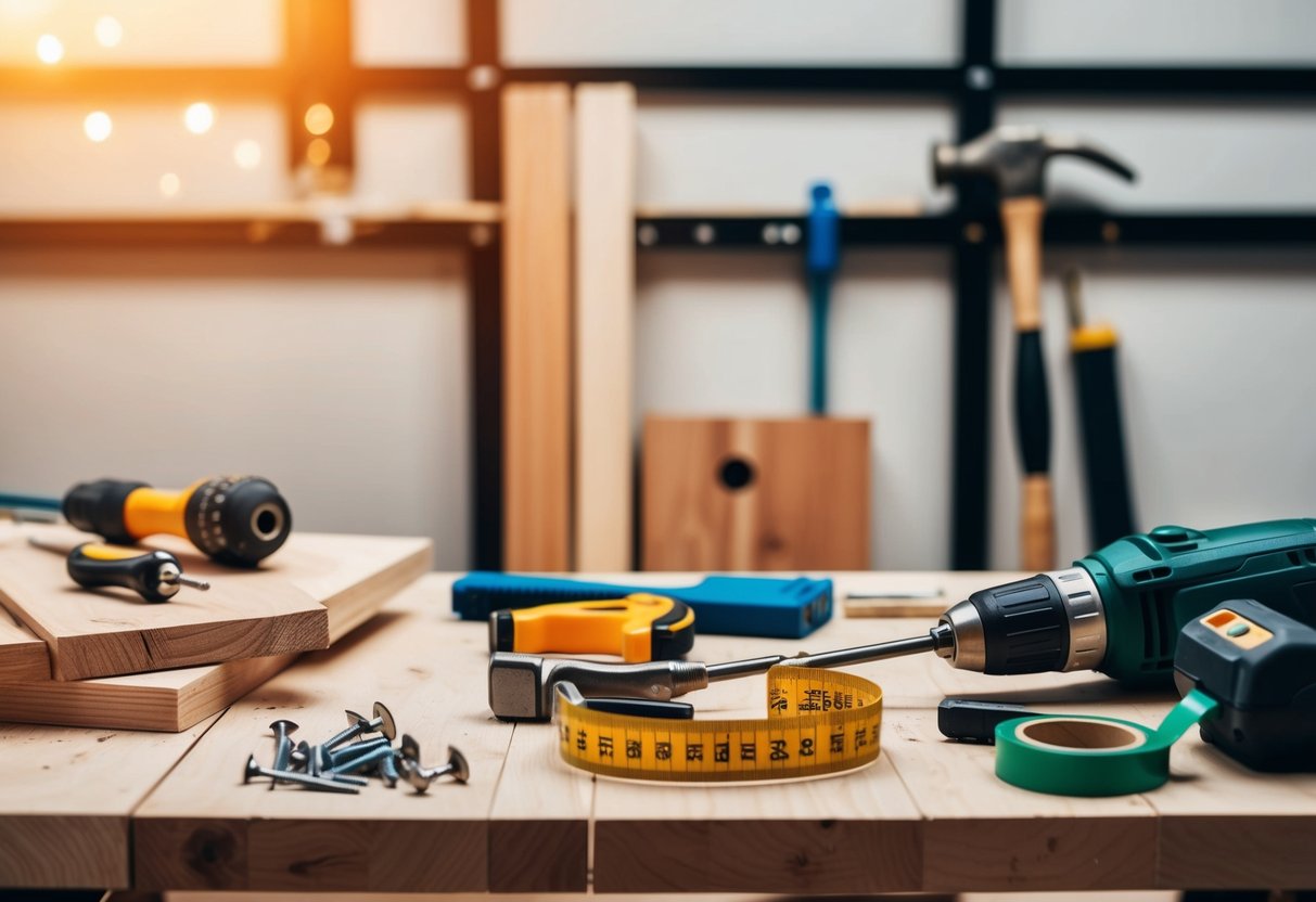 A cluttered workbench with tools and materials for building a DIY wardrobe. Wood, screws, drill, hammer, and measuring tape are visible