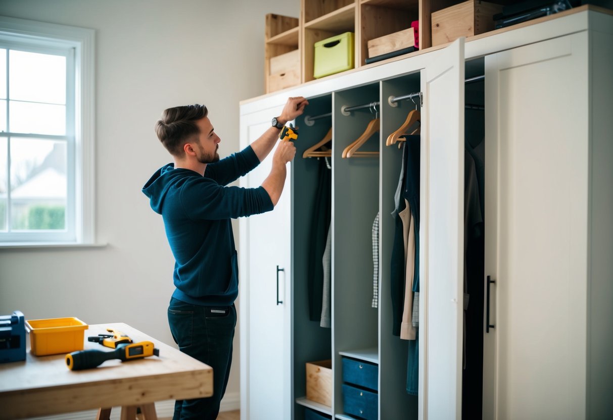 A person assembling a DIY wardrobe using tools and materials