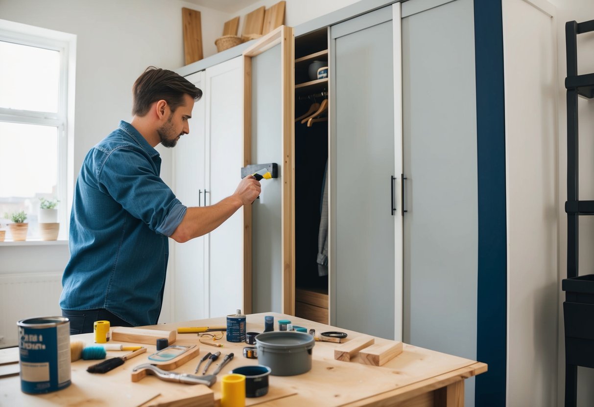 A person is customizing and finishing a DIY wardrobe. Tools and materials are scattered around the work area, including paint, brushes, and wood pieces