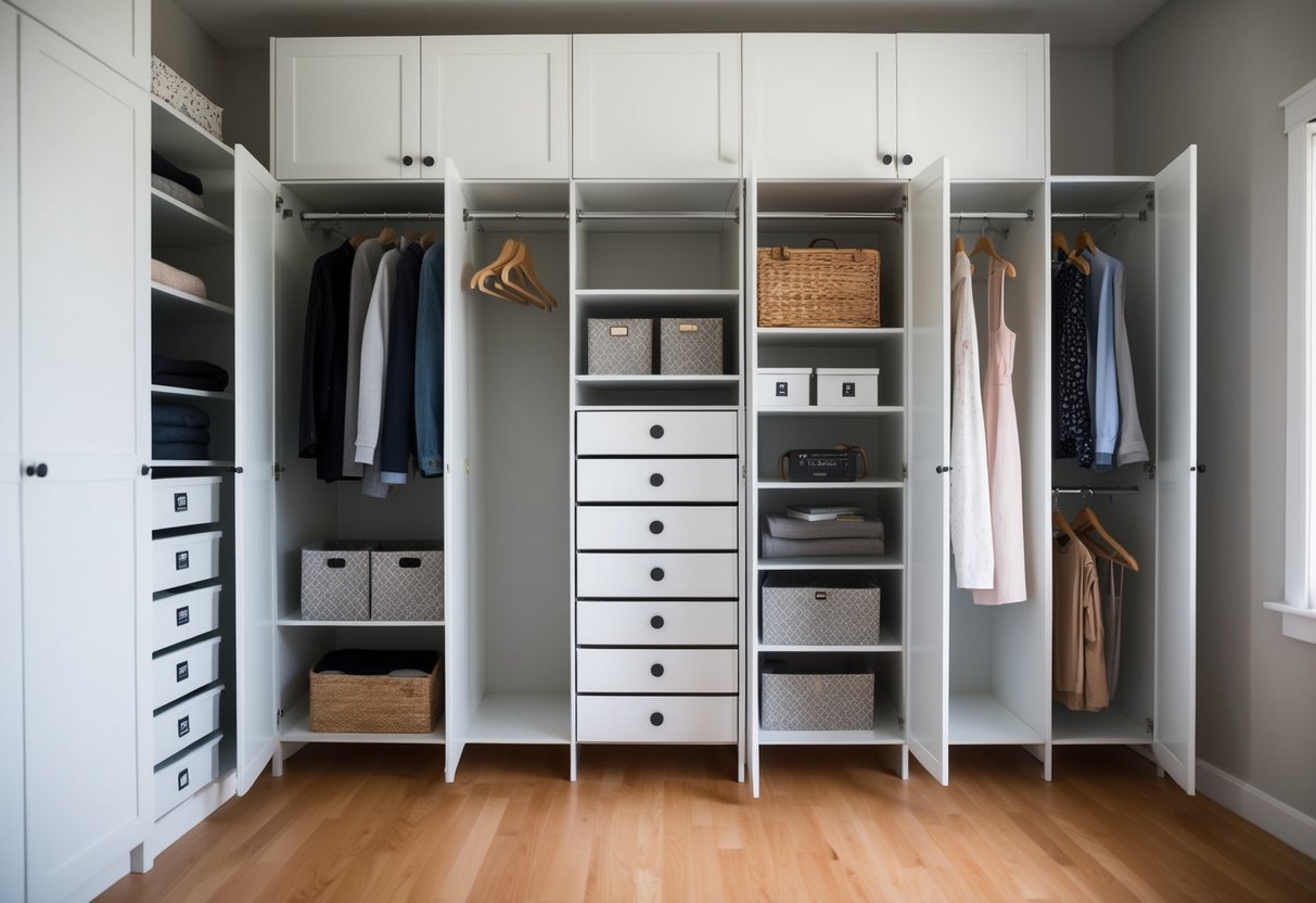 A neatly organized DIY wardrobe with labeled shelves and compartments for optimized storage