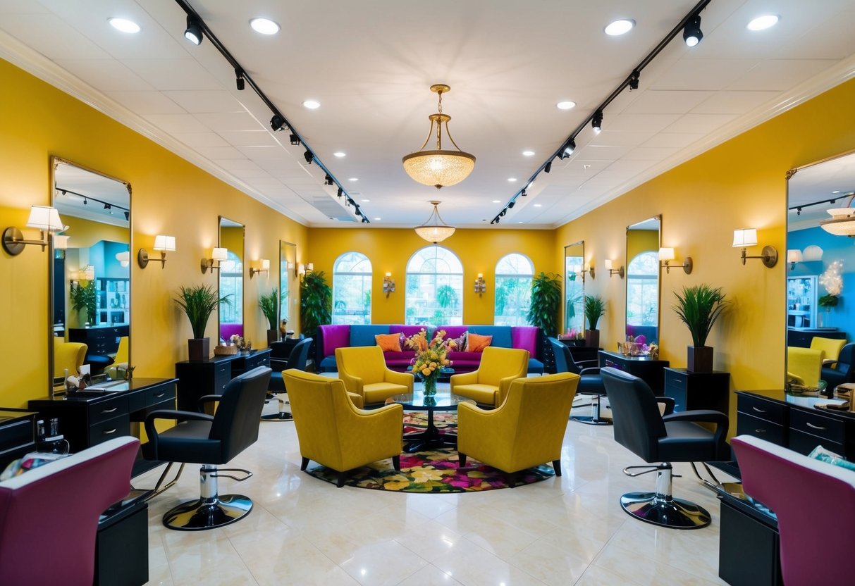 A spacious L-shaped salon with elegant decor and vibrant colors, featuring comfortable seating, stylish furniture, and tasteful accents