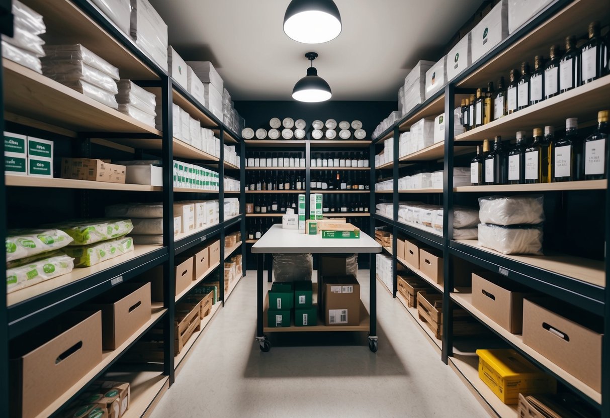 A spacious cellar with organized shelves, hanging storage, and a central work area for packaging and labeling goods