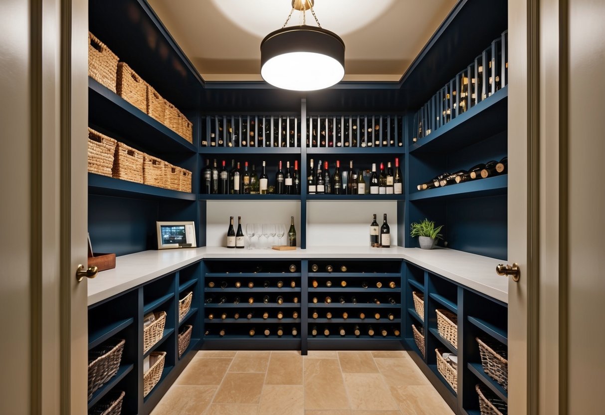 The cellar seamlessly integrates with the rest of the house, featuring organized storage shelves and a small work area