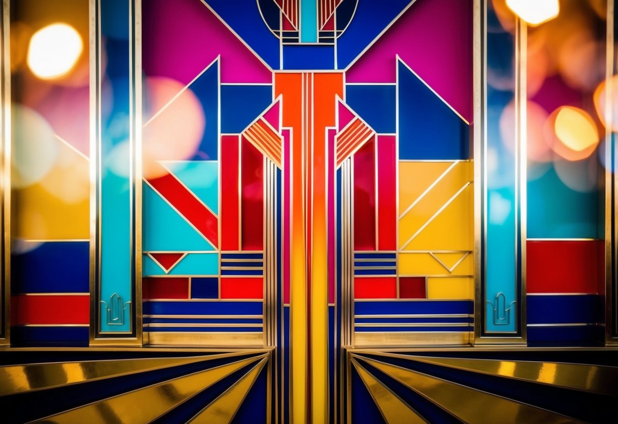 A vibrant art deco scene with geometric shapes and motifs in bold colors