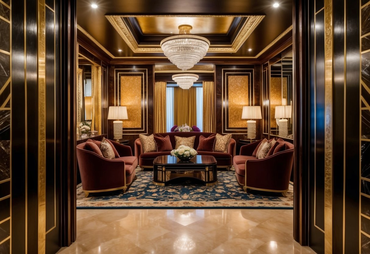 A luxurious art deco room with opulent materials and textures in rich, privileged colors