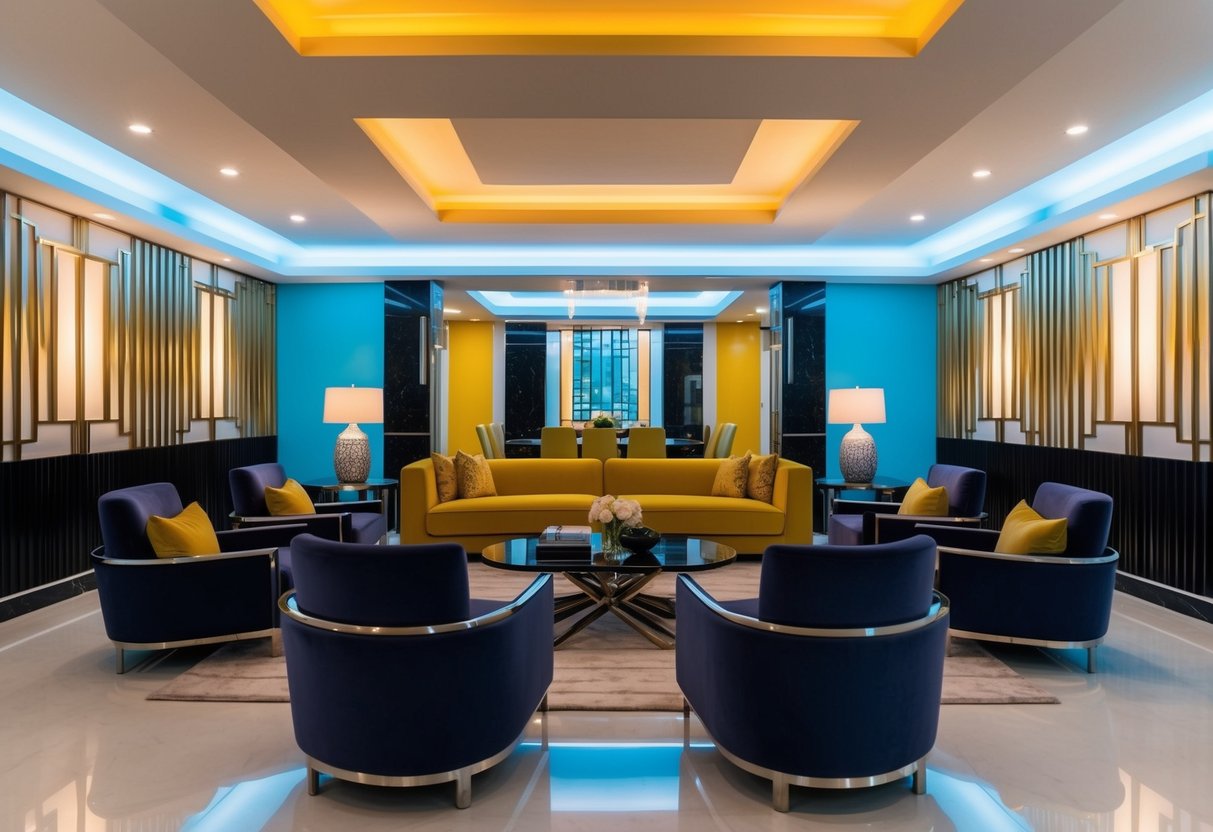 A modern Art Deco interior in vibrant Art Deco colors, featuring geometric patterns, sleek furniture, and luxurious materials