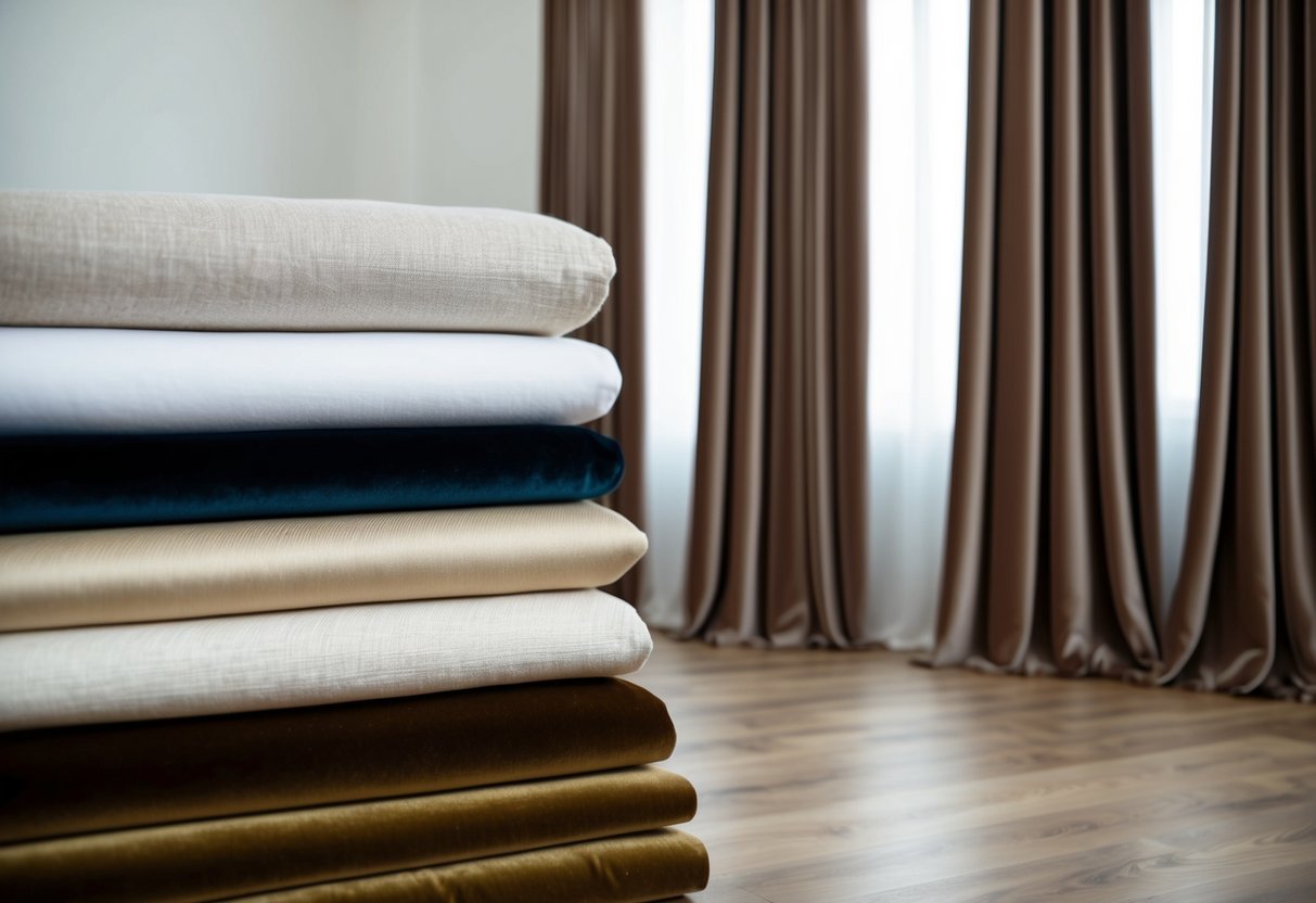 A stack of linen fabric transitions into luxurious velvet. Trendy curtains drape gracefully, showcasing the evolution of materials