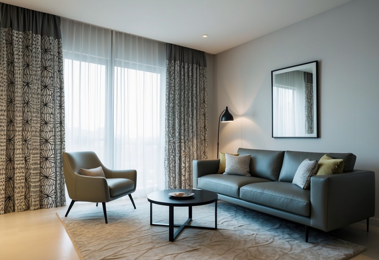 A modern living room with sleek, patterned curtains, a mix of geometric and organic textures, and a minimalist color palette