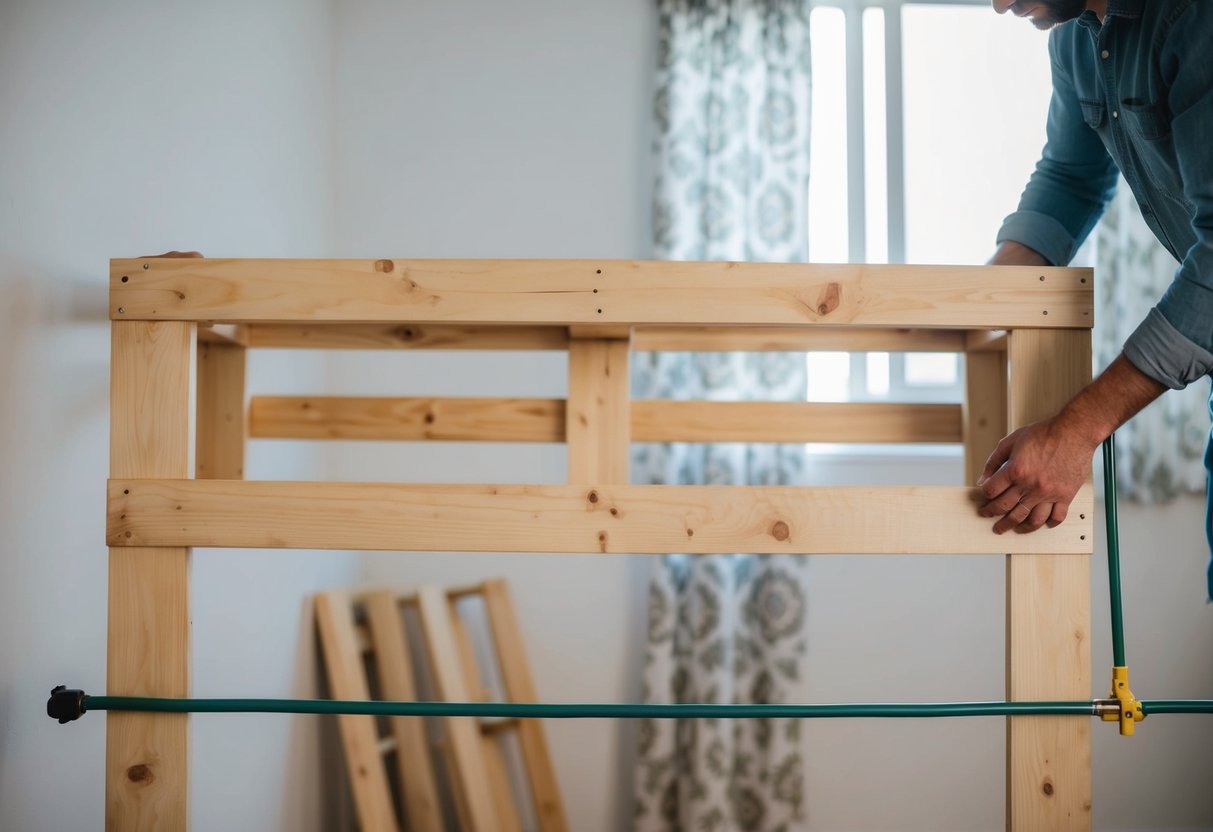 A homemade pallet headboard being assembled and secured