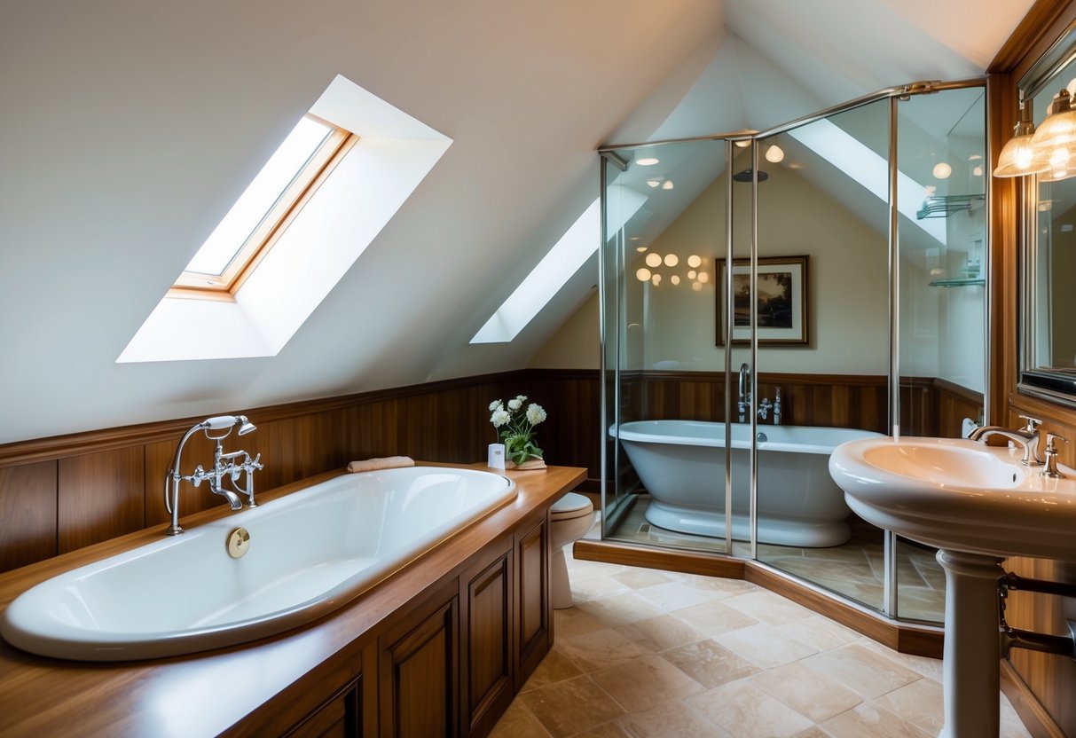 A spacious attic suite with a luxurious bathroom, featuring a large bathtub, elegant sink, and a shower with glass doors