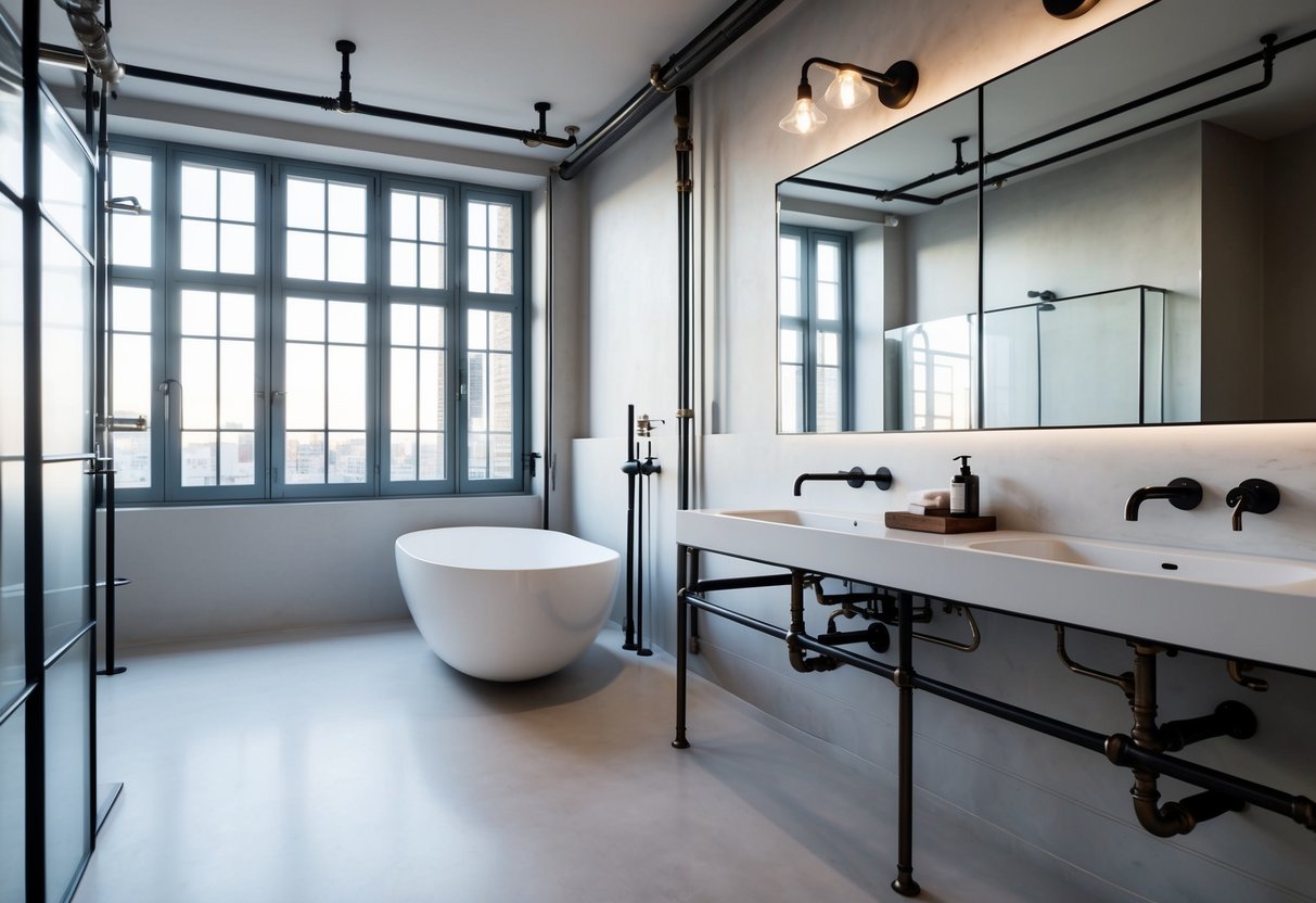 A spacious bathroom with industrial-style fixtures, exposed pipes, and minimalist decor. Large windows flood the room with natural light, creating a serene and modern atelier ambiance