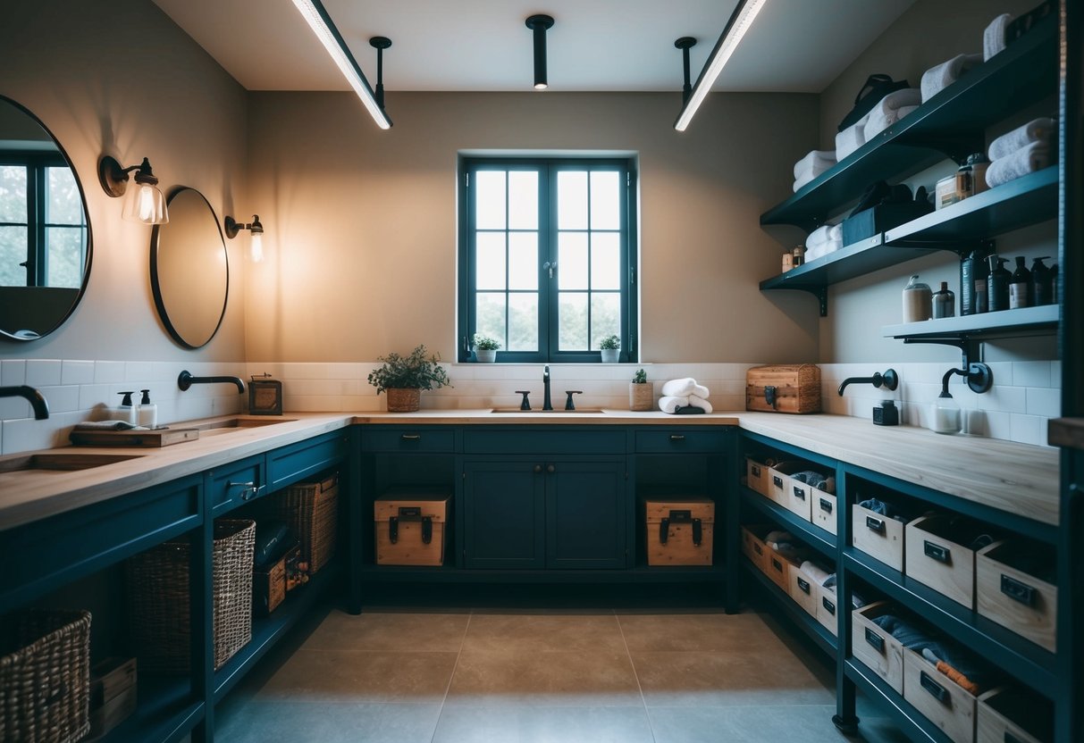 A well-organized bathroom workshop with industrial-style fixtures and functional storage