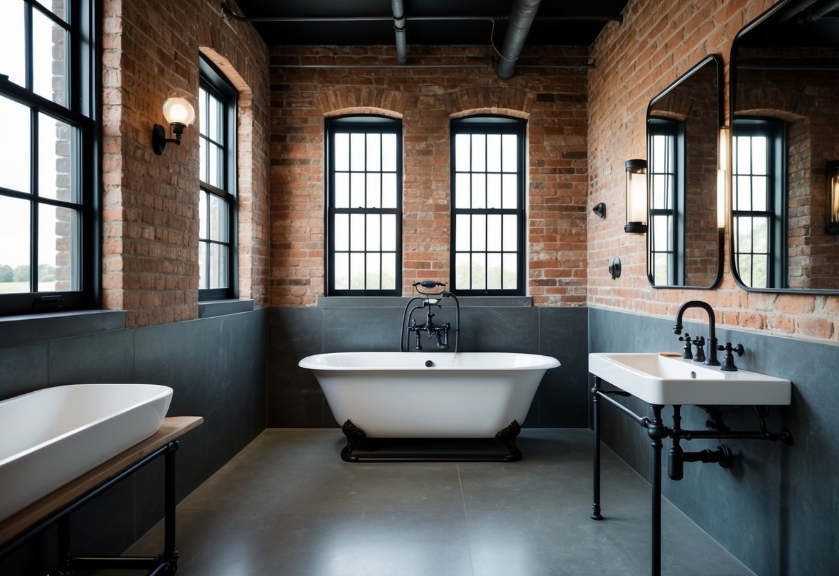 A spacious, industrial-style bathroom with exposed brick walls, steel-framed windows, a freestanding tub, and vintage-style fixtures