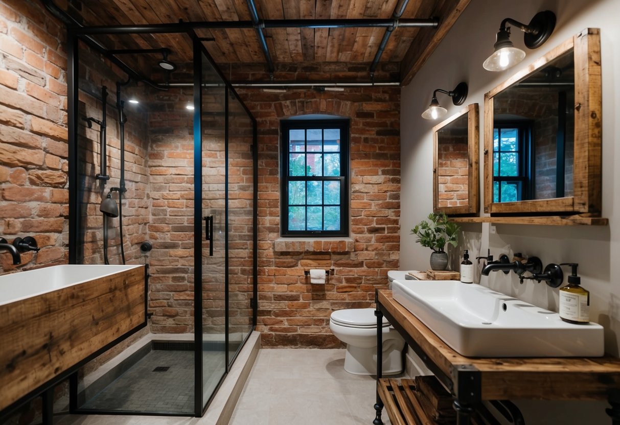 A rustic industrial-style bathroom with exposed brick walls, vintage metal fixtures, and distressed wood accents creating a cozy and trendy atmosphere